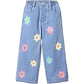 Floerns Girl's Floral Pattern Kids Jeans Elastic Waist Wide Leg Denim Pants