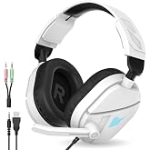 QXQ Wired Gaming Headset for PS5/PS4/PC/Switch - 3.5mm Over-Ear Headphones | Noise-Canceling Mic - Deep Bass - Flip-to-Mute Mic, Volume Wheel, Soft Memory Foam Earpads, RGB LED Light, USB Powered, White
