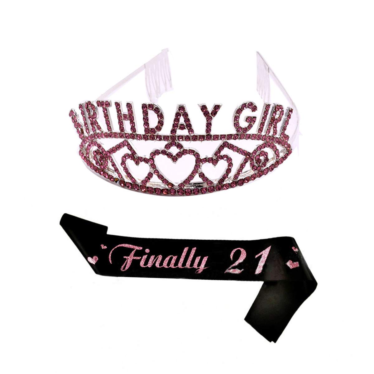 REYOK 21th Birthday Decorations Kit, Happy 21th Birthday Sash and 30 Birthday Queen Tiara Rhinestone Crown Headband for 21 Birthday Gift Party Accessories 21th Birthday Decoration Girls Women