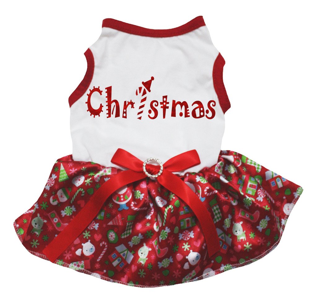 Petitebelle Bling Christmas Puppy Dog Dress (White/Christmas, Medium)