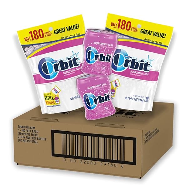 ORBIT BUBBLEMINT SUGAR-FREE CHEWING GUM BULK PACK, 2 BAGS – 180 PIECES & 2 BOTTLES – 55 PIECES BUBBLE GUM