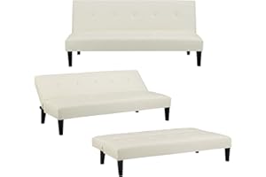 Naomi Home Tufted Futon Sofa Bed, Faux Leather Futon Couch, Modern Convertible Folding Sofa Bed Couch with Wooden Legs, Reclining Small Couch Bed, Durable and Sturdy Futon, Cream