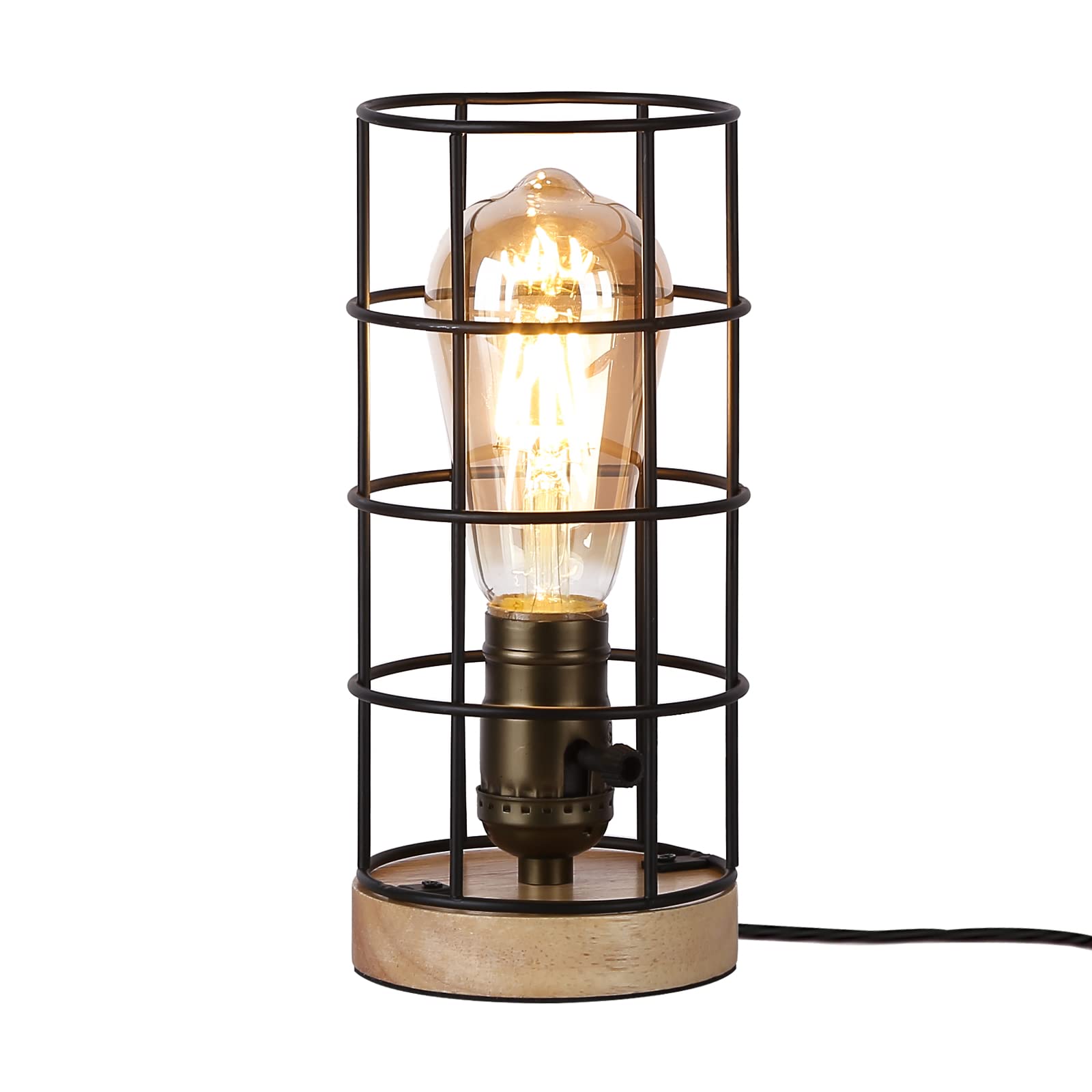 SUNLLOK Modern Small Cage Desk Lamp with Wood Base - Mid Century Vintage Rustic Edison Standing Table Lamp Antique Holder - Industrial Bedside Night Light Decoration for Living Room Bedroom