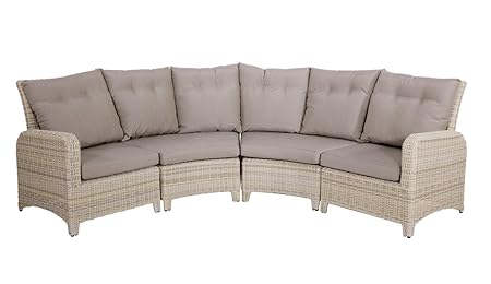 lifestyle4living Gartenbank 4 Sitzer aus Polyrattan Geflecht beige inkl. Kissen in grau. Die runde Loungebank ist wetterfest,