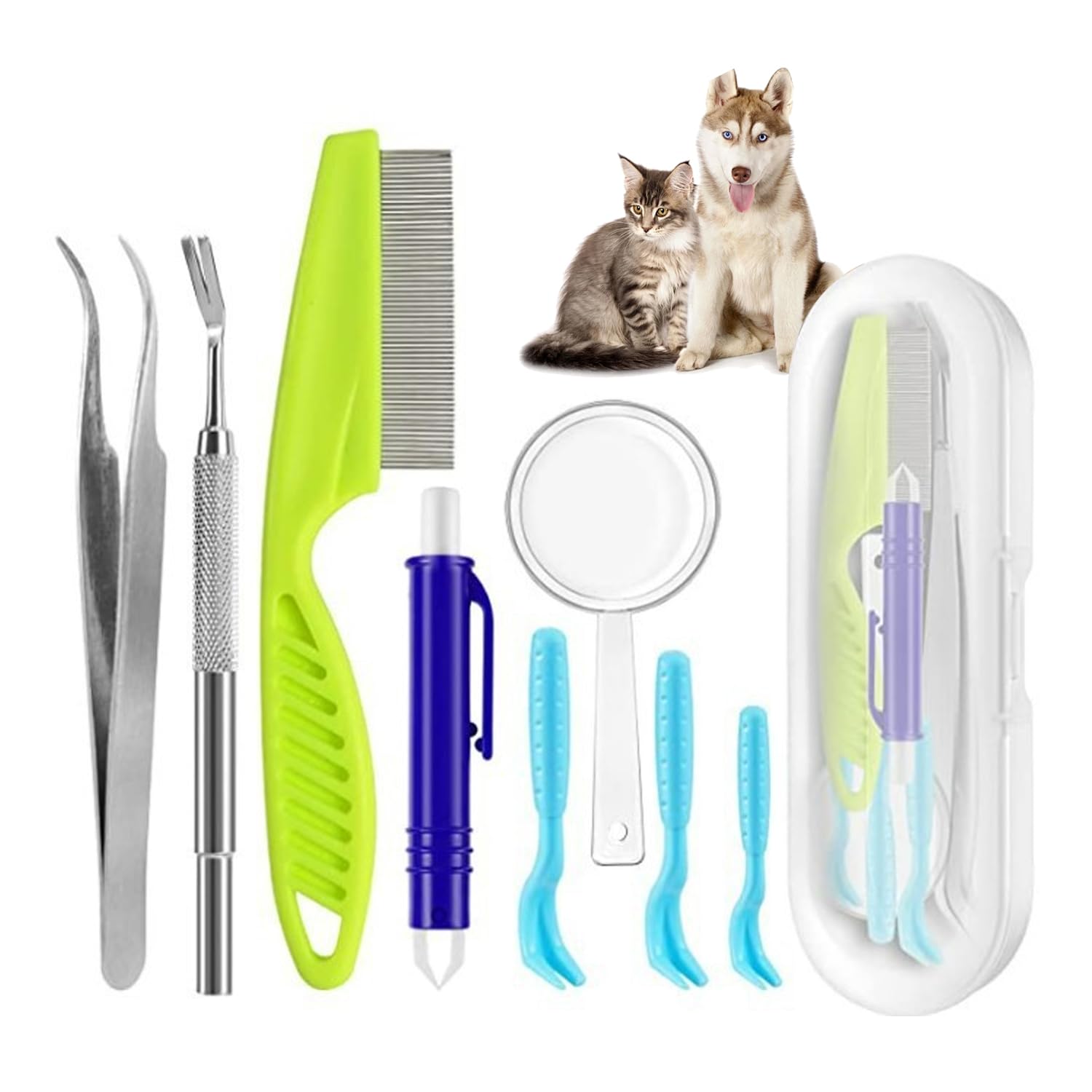 HRLORK 9 Pcs Tick Remover Tool Set Painlessly Tick Remover for Humans and Cats Pets with Easy Carry Case Tick Remover Tools Includes Tick Removers, Comb, Magnifier for Pet Cat Dogs