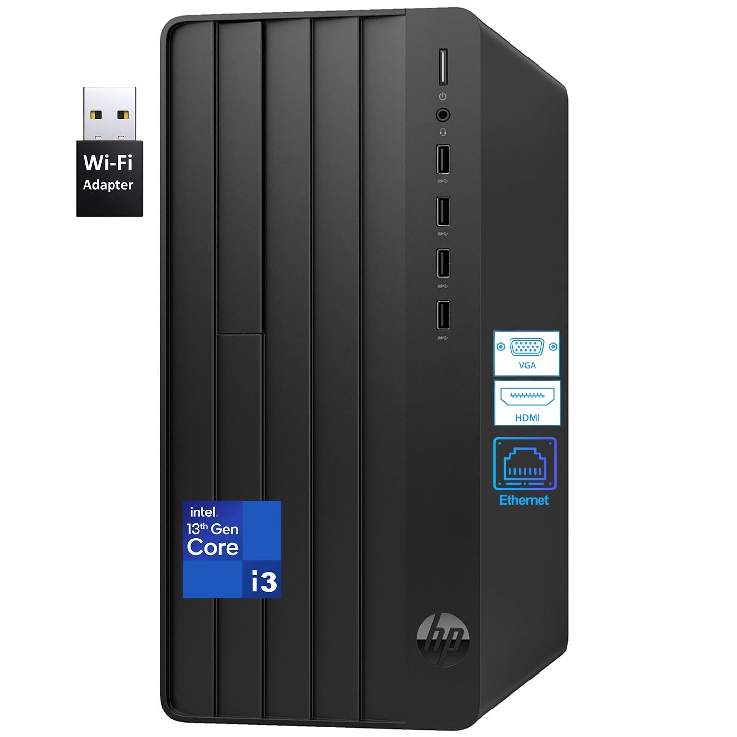 HP Desktop Computer Tower PC for Home Student & Business, 13th Gen Intel Quad-Core Processor, 16GB DDR4 RAM, 256GB PCIe SSD, WiFi Adapter, VGA, HDMI, RJ-45, Keyboard and Mouse, Windows 11 Home Image