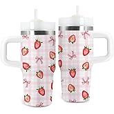 Strawberry Gifts for Girls - 14oz Pink Kids Strawberry Tumbler with Handle and Straw, Stainless Steel Insulated Water Cup, for School, Travel - Strawberries Themed Children Birthday Gift Cup(1pc)
