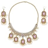 NewZenro Ethnic Rectangle CZ Beaded Tassel Dangle Drop Stud Earrings Choker Necklace Set for Women Vintage Indian Traditional Fashion Antique Bollywood Jewelry for Wedding Party