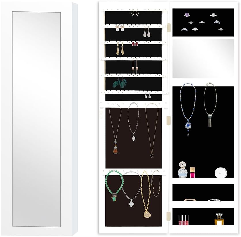 RULOTE Lady Jewellery Cabinet with Mirror - Wall Mount/Door Mount White Jewellery Cabinet with Storage Function RTL02 110 x 32 x 8.6 cm