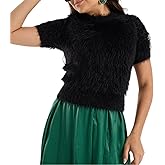 Women Fuzzy Sweaters Soft Furry Short Sleeve Fluffy Cozy Pullover Cropped Sweater Cute Casual Jumper Tops