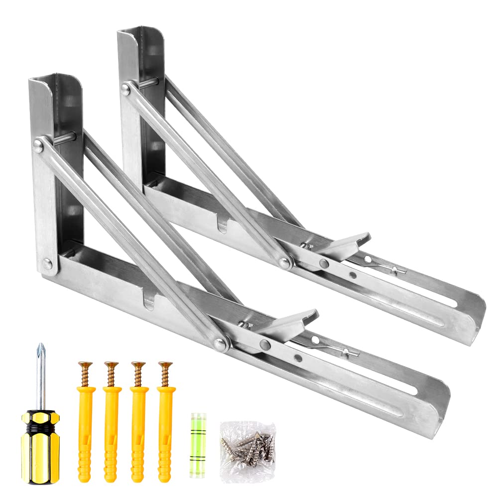 Oudtinx 2PCS Folding Shelf Brackets,Heavy Duty Triangle Shelf Bracket for Bench Table,Wall Mounted Standing Shelf Brackets for Saving Place,Multi Size 10" Sliver