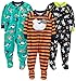 Simple Joys by Carter's Baby Boys' 3-Pack Loose Fit Flame Resistant Polyester Jersey Footed Pajamas, Black Space/Green Forest Animals/Orange Stripe, 12 Months