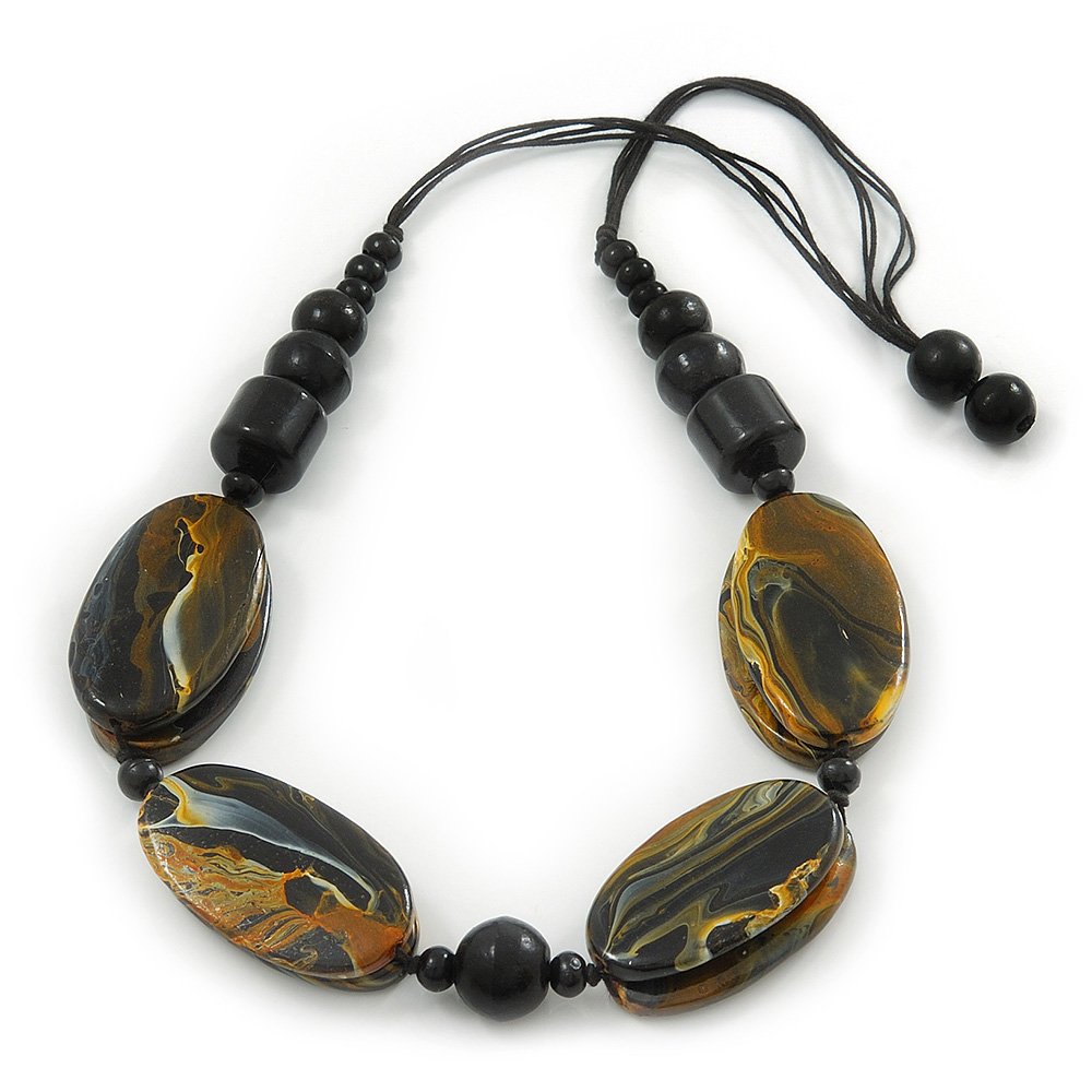 Avalaya Chunky Black/Gold Oval Wood Bead Cotton Cord - 84cm Length