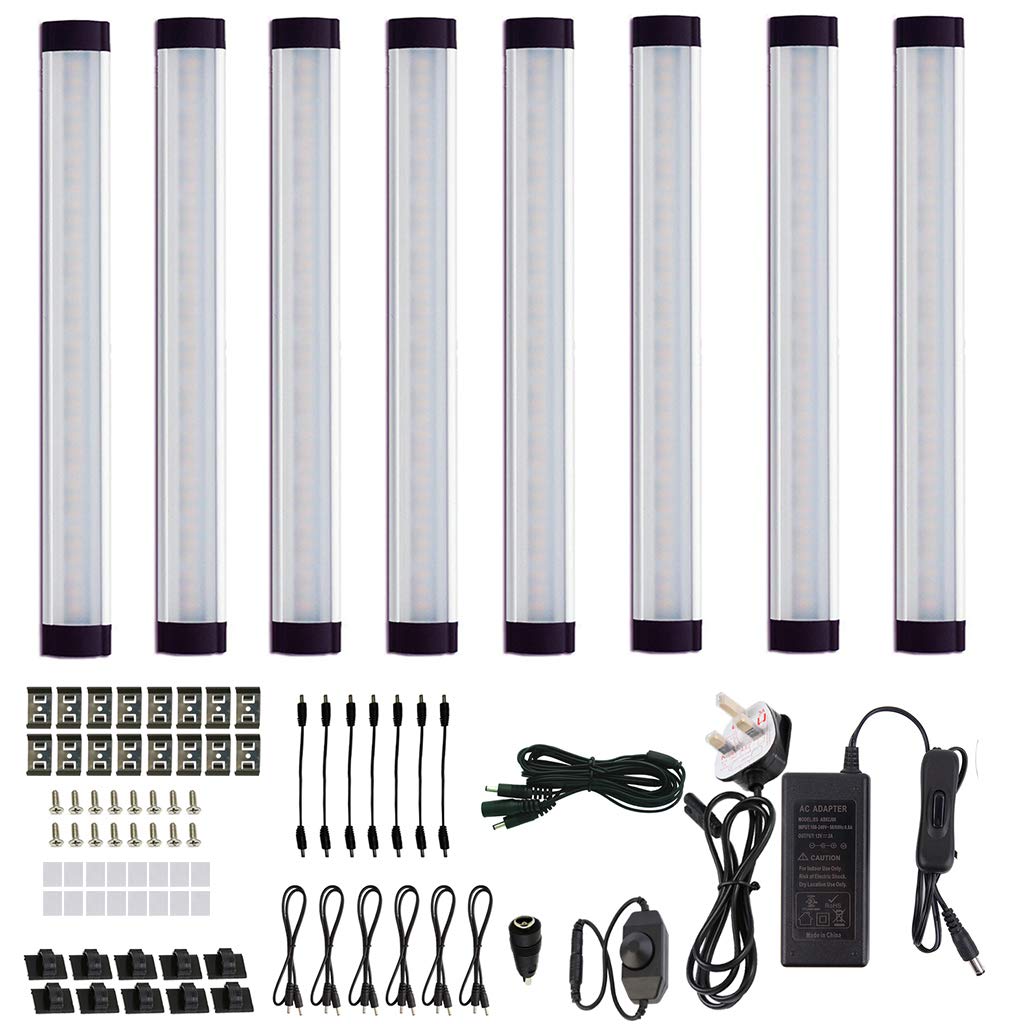 AlBOO Under Cabinet Kitchen Lights Wired LED Daylight White 6000K Dimmable 8 Pack,28cm Under Cupboard Kitchen Lights 24V Plug in with Mains,Ultra Thin Under Couter Light Display Lighting for Cabinet