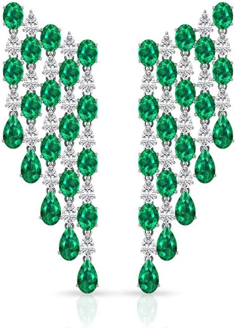 Emerald Diamond Cluster Chandelier Earring,Teardrop Green Gemstone Wedding Bridal Long Earrings, Bridsamid Birthstone Earring with IJ-SI Color Clarity, Screw Back