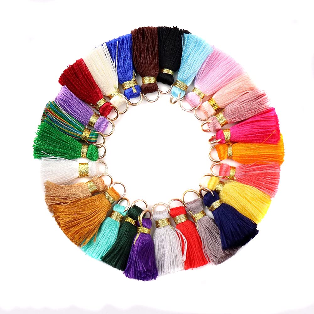 Duories Pack of 50 Mini Tassel Pendants, 2 cm Colourful Gold Line Tassel Pendant for DIY Craft Accessories, Earrings Bags Crafts Jewellery Making Key Chain Bookmark Souvenirs