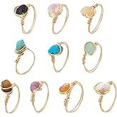 UNICRAFTALE 10Pcs 10 Styles Chakra Crystal Rings Gemstone Rings Copper Wire Wrapped Ring Irregular Colorful Gem Ring for Women