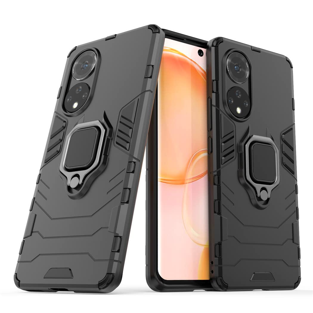 Compatible with Huawei Nova 9 Case, Metal Ring Grip Kickstand Shockproof Hard Bumper (Works with Magnetic Car Mount) Dual Layer Rugged Cover (Black)