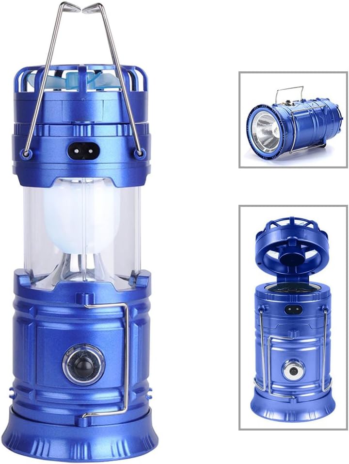 Kuzon Collapsible Camping Lantern Protable Flashlights Solar Rechargeable with Mini Fan for Outdoor, Emergency, Hurricane, Hiking, Fishing, Tent (Blue)