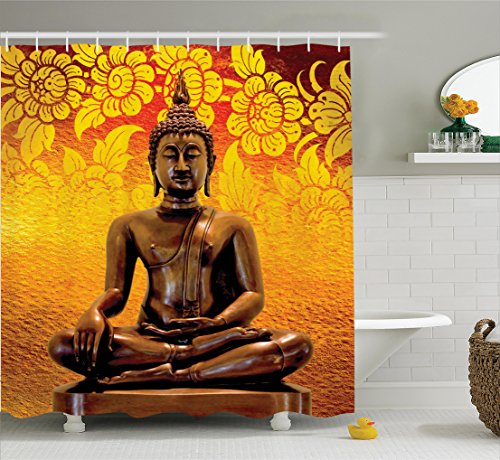 Ambesonne Buddha Decor Collection Antique Buddha Sitting On Floor Floral Background Asian Oriental Image Home Decor Polyester Fabric Bathroom Shower Curtain Set With Hooks Orange Bronze Asian Home Decor Olivia