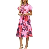 Women's Button Down Shirt Dress Floral Printed Turn Down Short Sleeve Formal Midi Shirt Dress with Belt