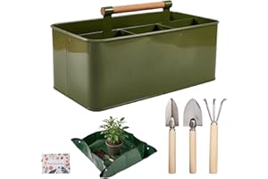 VerdantVibes Metal Garden Tool Caddy - Galvanized Organizer Basket with Wood Handle, Waterproof Repotting Mat & 3-Piece Mini 