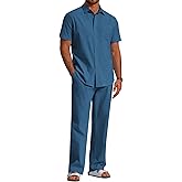 COOFANDY Men's 2 Piece Linen Beach Outfits Short Sleeve Button Down Shirts Loose Pants For Men