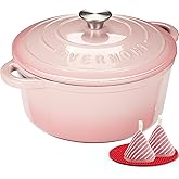 Overmont Enameled Cast Iron Dutch Oven - 5.5QT Pot with Lid Cookbook & Cotton Potholders - Heavy-Duty Cookware for Braising, Stews, Roasting, Bread Baking pink