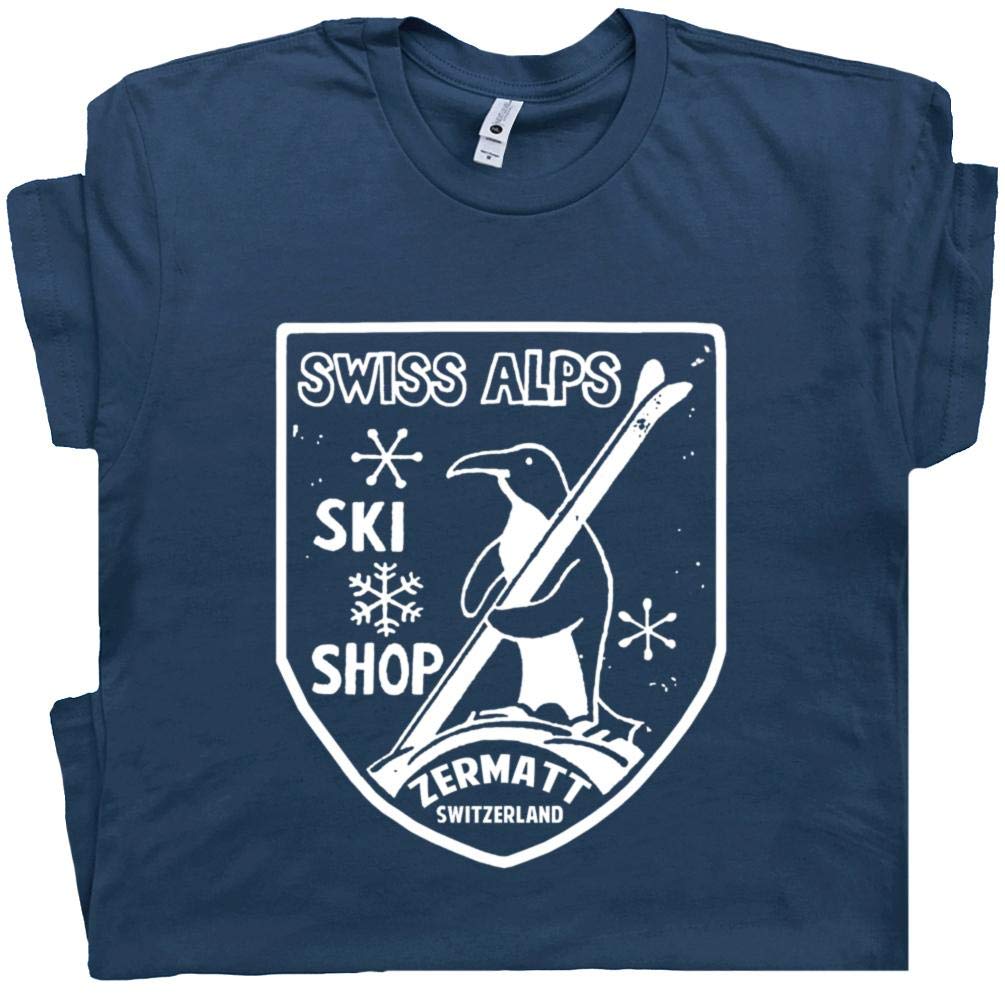Swiss Alps Ski T Shirt Vintage Penguin Tee Skiing Snowboard Teen Switzerland Retro Graphic