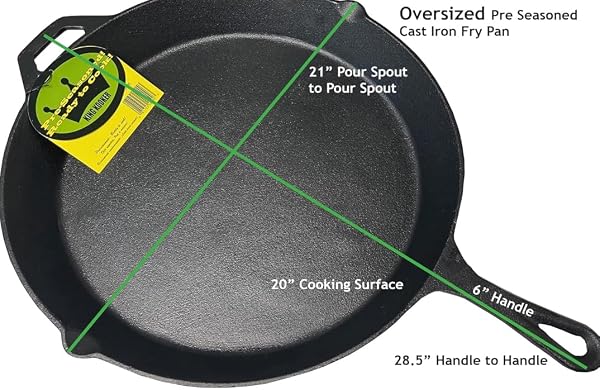 KING KOOKER 20-INCH OVERSIZED SEASONED CAST IRON SKILLET HEAVY DUTY PAN IDEAL FOR GAS GRILL, OVEN, CAMPFIRE USE