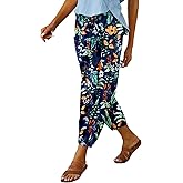 WROLEM Womens High Waist Pants Drawstring Wide Leg Cropped Casual Loose Capris with Pockets for Women