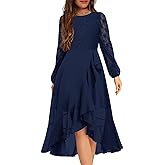 HOSIKA Flower Girls Dress Long Sleeve Floral Lace Chiffon A Line Formal Fall Wedding Party Dresses for 6-12 Years