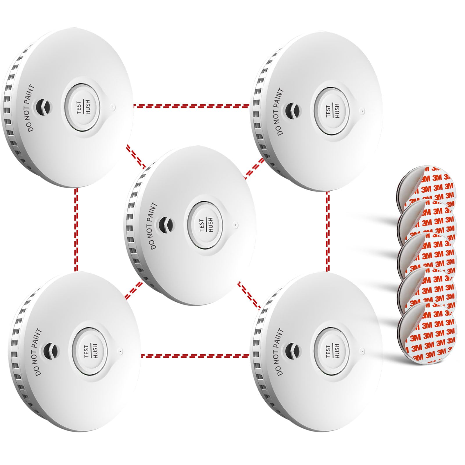 Ruan Wireless Interconnected Smoke Alarm 10 Years Life Photoelectric wireless Smoke Detector Fire Alarm Tested Conforms to EN 14604 Standard 5 Pack
