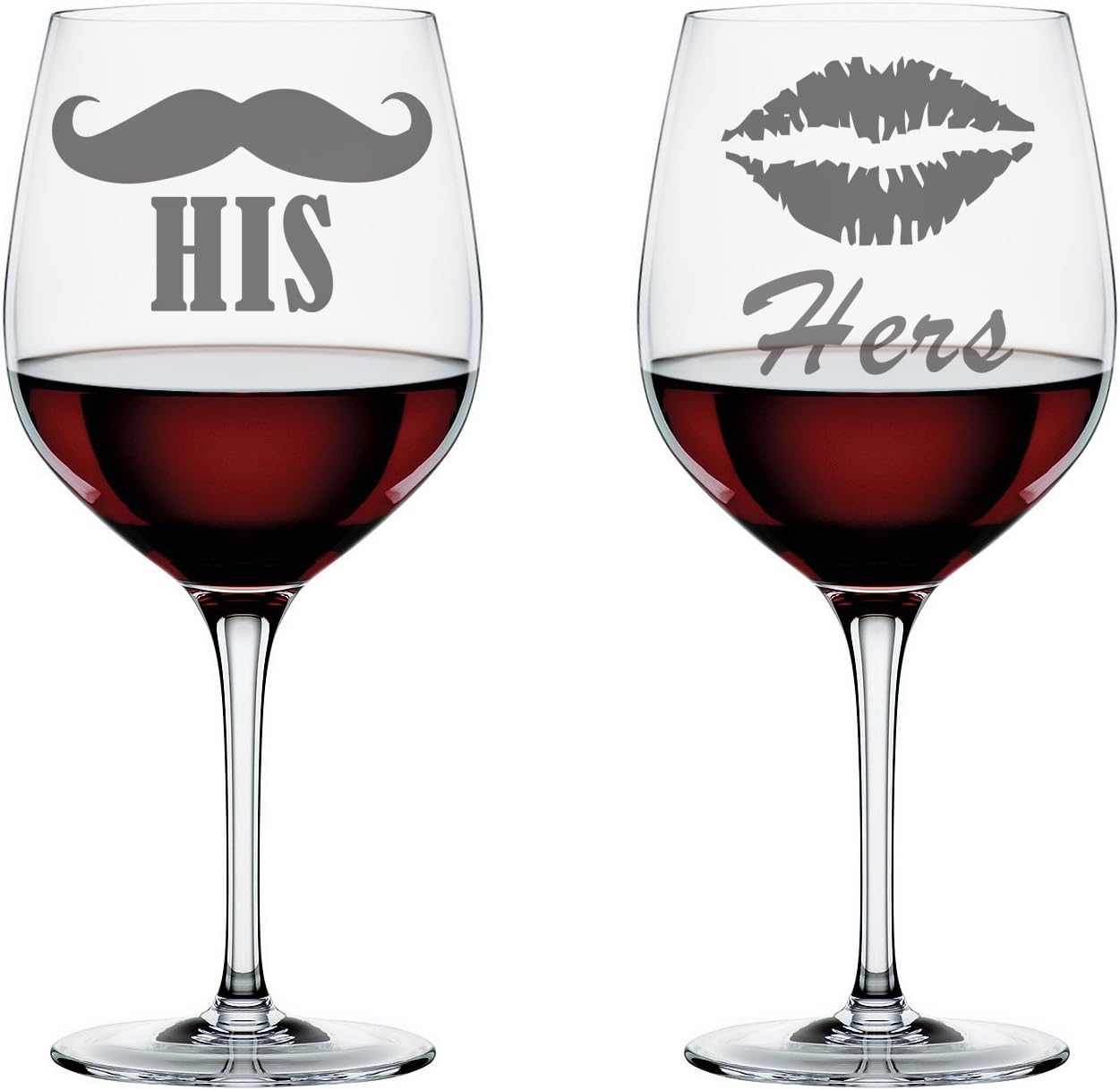 "His (Mustache)" & "Hers (Lips)" Unique Gift Idea For Him or Her - 2x12 oz Wine Glasses- Unique Gift or Present Idea For Men Women Friends Family