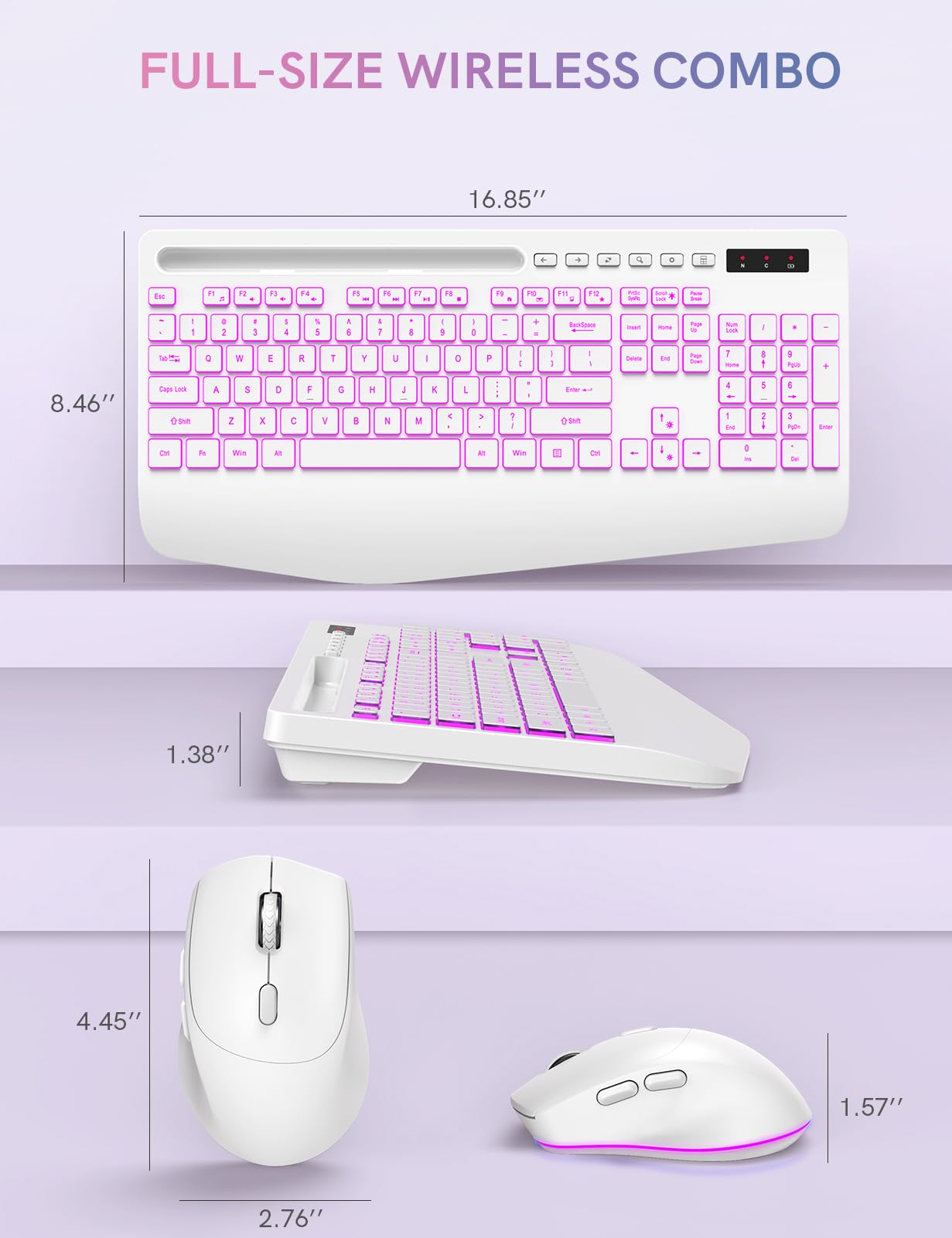 Wireless Keyboard and Mouse Combo with 7 Colored Backlits, Wrist Rest, Rechargeable Ergonomic Keyboard with Phone Holder, Silent Lighted Full Size Combo for Windows, Mac, PC, Laptop-Trueque (White)