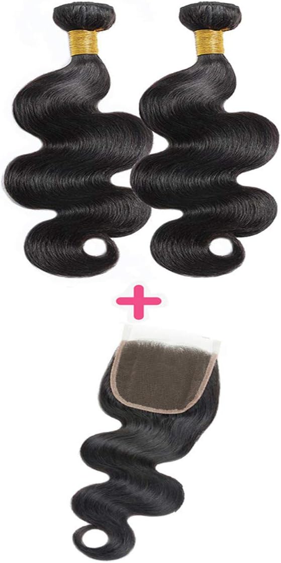 DMS Body Wave 2 Bundles With 4x4 Free Part Closure Brazilian Virgin Hair 100% Unprocessed Human Hair Bundles Lace Closure Natural Black (12” 14”+10” Closure, Natural)