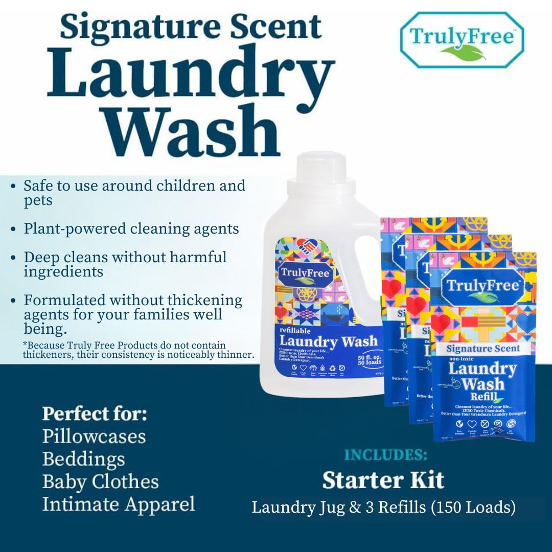 Truly Free Laundry Detergent for Sensitive Skin | Gentle & Safe for Baby Clothes | Plant-Based | 3 Pack Refill Powder| Easy to Dissolve to Create a Liquid| Signature Wash Scented (150 Loads)