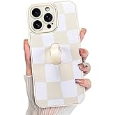 KANGHAR Compatible with iPhone 14 Pro Case, Silicone Checkered Cute Pattern, Wristband Kickstand Camera Protection Soft Slim Cover for Girls Women -White
