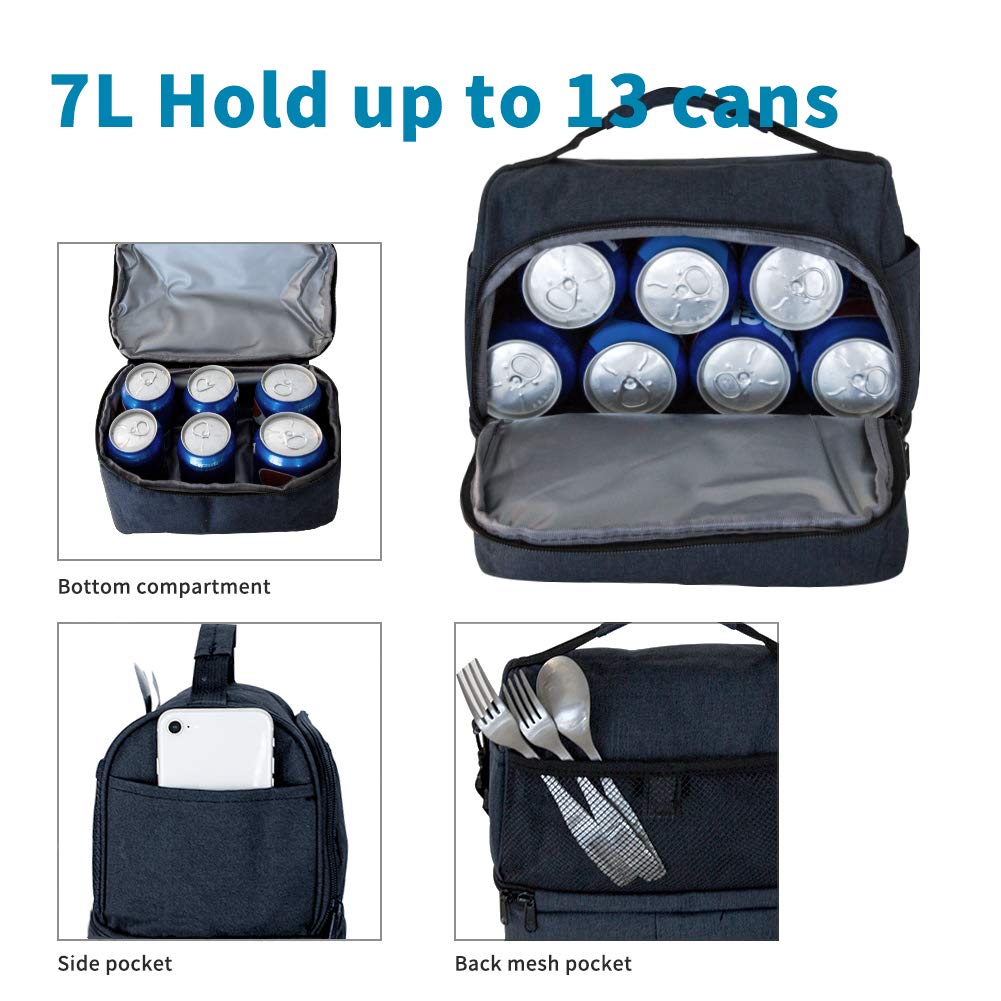 Lunch Bag Insulated Lunch Box, 2 Compartment Leakproof Cooler Tote Bag with Adjustable Shoulder Strap for Women,men,kids, Thermal Lunch Food Bag for Office/Picnic/Travel/Camping - Dark Blue