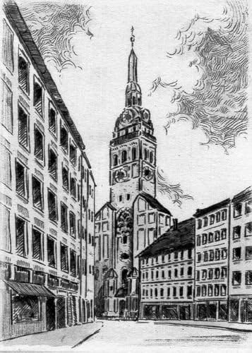Single-colored hand-crafted etching München, Peterskirche (Germany) by Beloch as plain page, graphics, art design, art print