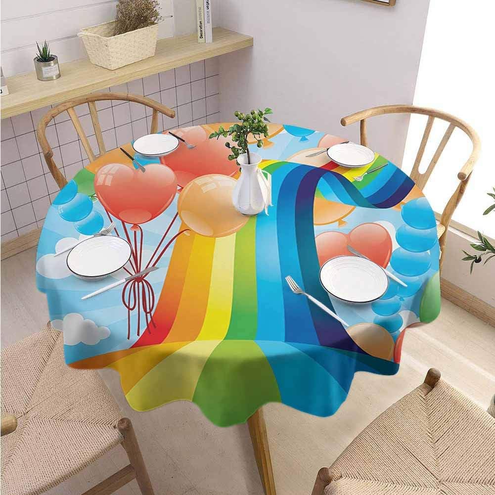 DILITECK Cartoon Outdoor Round Tablecloth Rainbow Sky with Balloons Hearts Colors Romantic Love Valentines Day Spring Theme Round Table Diameter 60" Multicolor