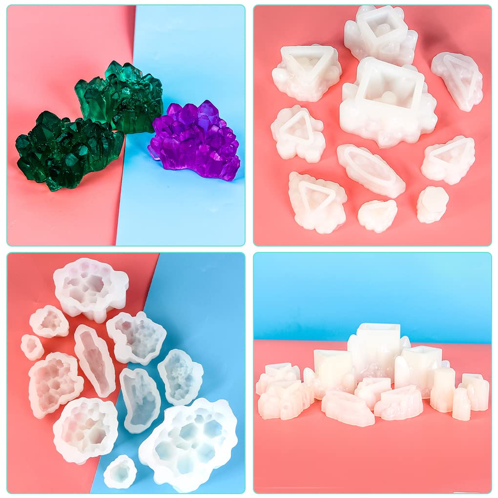 FineInno 11 PCS Crystal Cluster Resin Mold Quartz Rock Silicone Molds,Different Shapes Epoxy Resin Molds DIY Gem Stone Jewerly, Candle,Soap,Clay
