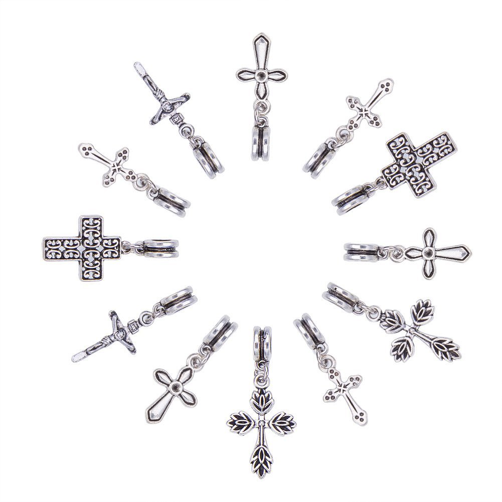 NBEADS Mixed Tibetan Style Alloy Cross Shape European Dangle Beads for Easter Necklace Charms, Antique Silver, 30-35x11-17mm, Hole: 5mm
