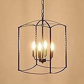 LAMKNVS Farmhouse 4 Lights Pendant Light, Industrial Black Lantern Chandelier with E12 Gold Base Metal Cage Rustic Geometric 
