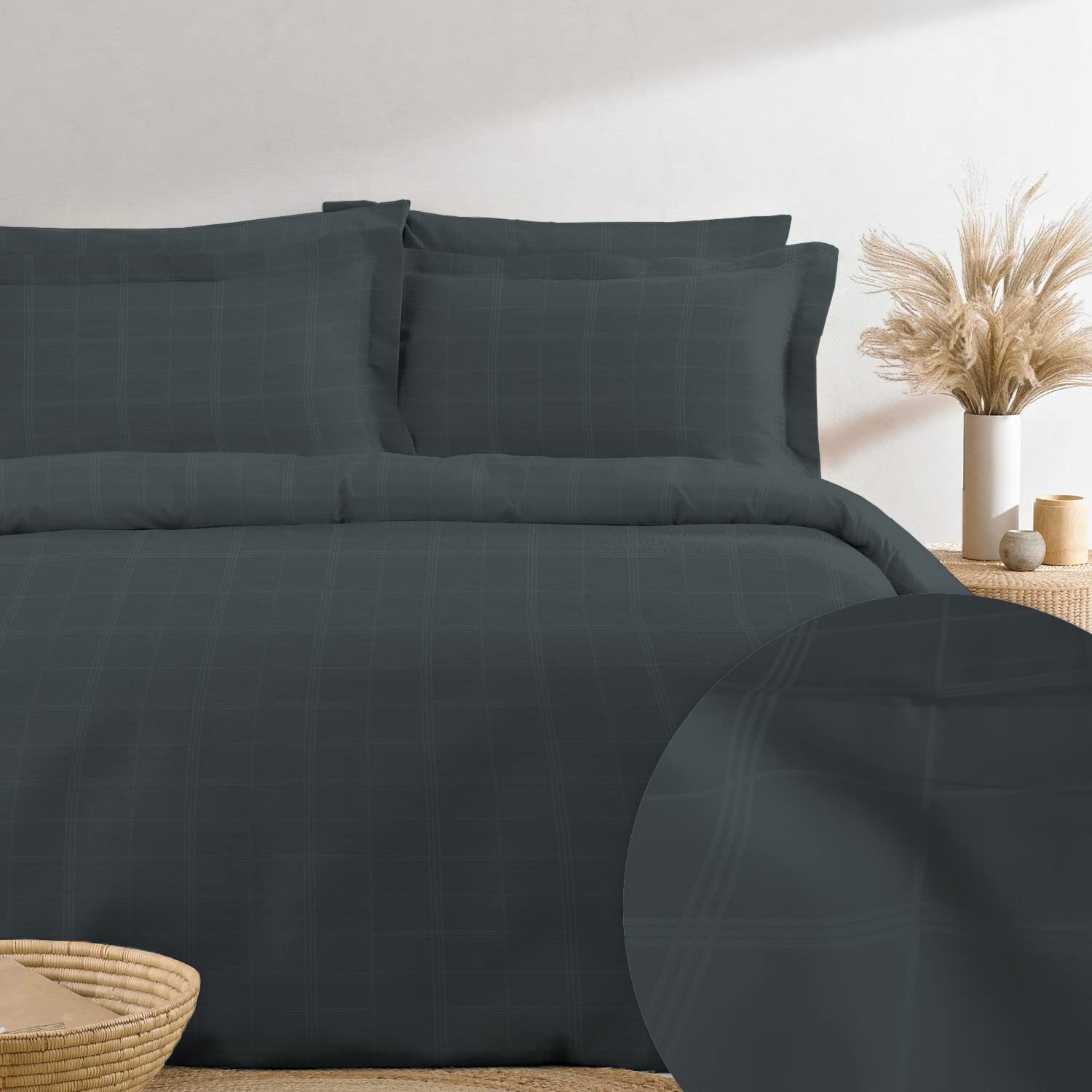 Pizuna 300TC Damask Check King Size Duvet Cover Set Anthracite Grey, 100% Long Staple Cotton Checkered Bedding Set Lightweight Sateen Weave Duvet Cover Set with 4 Corner ties and Hidden Button Closure — image 1