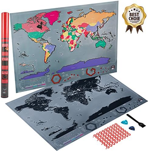 Scratch Off World Map Poster, Travel Tracker Map with US States Outlined, Includes Scratchers, Brush and Memory Stickers, Perfect Gift for Travelers – Size 32.6" x 23.4"