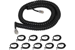 Cablesys Coiled Telephone Handset Cord for Use with PBX Phone Systems, VoIP Telephones - 12 Ft Uncoiled, Rj22, 1.5 Inch Lead on Both Ends, Glossy Black, 10-Pack