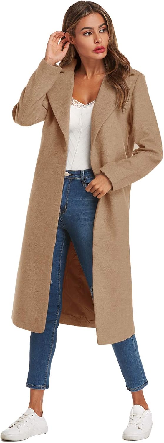 Auxo Women Trench Coat Long Sleeve Pea Coat Lapel Open Front Long Jacket Overcoat Outwear Cardigan: Clothing
