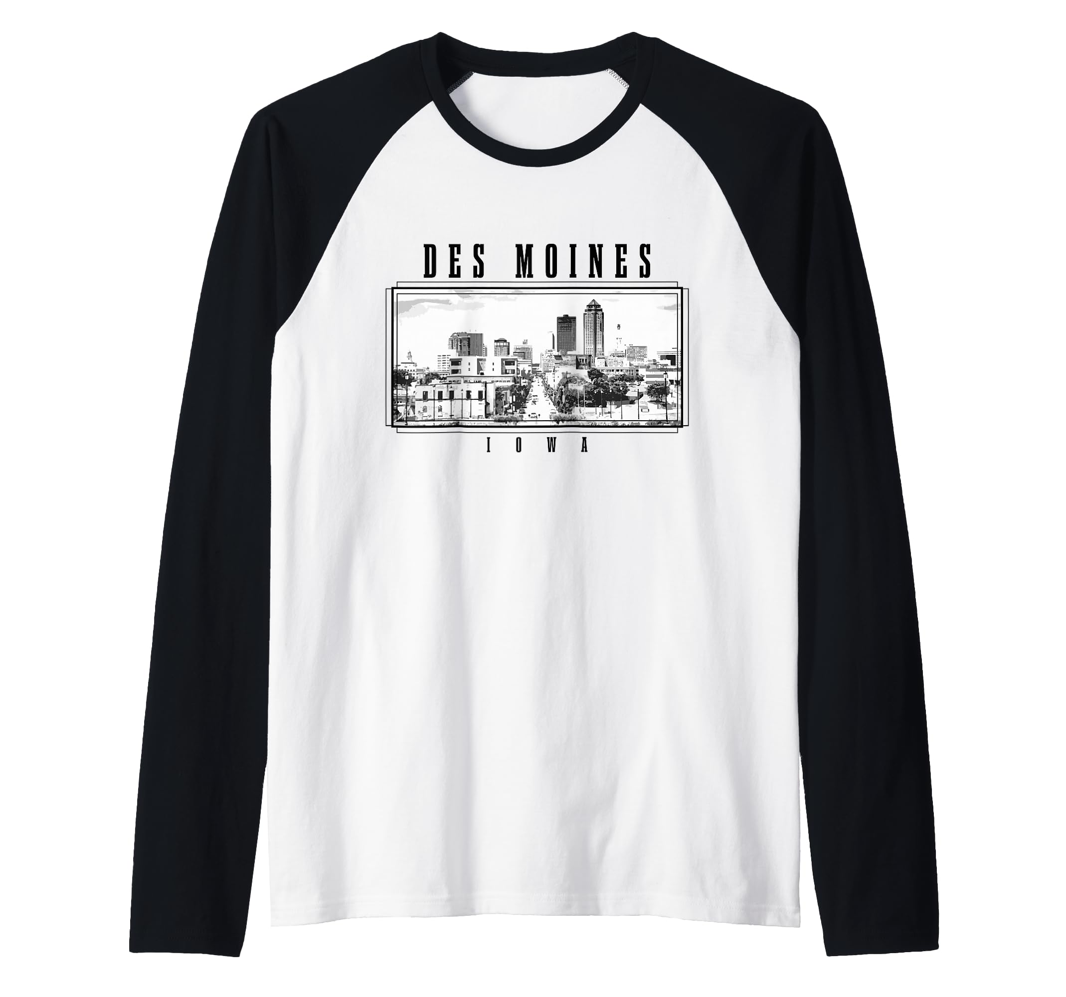 Des Moines Iowa Vintage USA Souvenir Skyline Raglan Baseball Tee