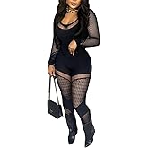 WEICHUJIAN Women Sexy See Through Womens Jumpsuit Outfits Mesh Hollow Out Crop Top Bodycon Long Sleeve Rompers